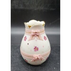Vintage IRISH DRESDEN PORCELAIN Vase Flower PINK RIBBON AND Gold Trim 4"